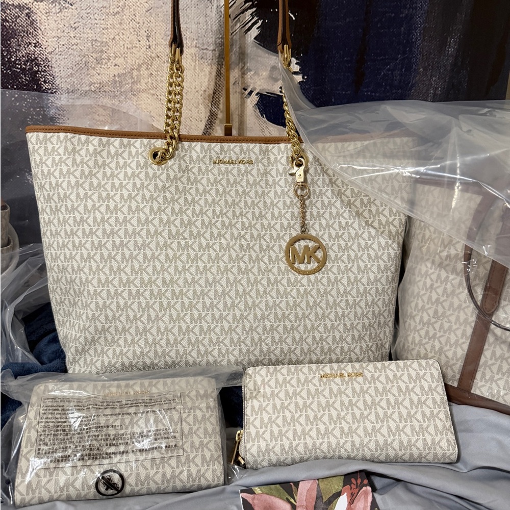 Michael Kors White and Gold Tote Bag with Wallet Pick Any 1 Set